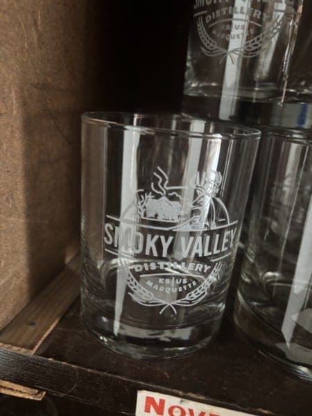 Heavy rocks glass etched with the Smoky Valley Distillery crest