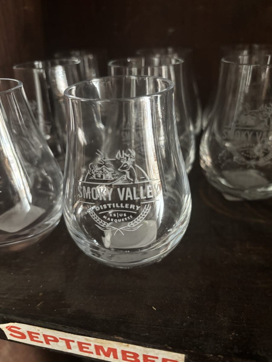 Tulip-shaped tasting glass etched with the Smoky Valley Distillery crest